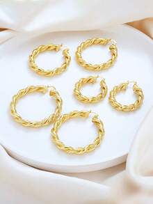 1pc European & American Style Thick Twisted Rope Hoop Earrings, Copper Plated Gold Hollow Lightweight Clip-On Ear Rings, Premium Versatile Commute & Vacation Earrings For Women, 3 Sizes Available - Gold - View 5