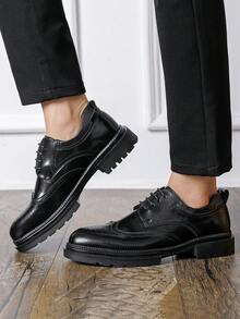 Men's New Round Toe Breathable British Style Thick Sole Height Increasing Lace-Up Casual Daily Work Business Leather Shoes - Black - View 9
