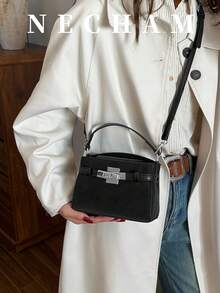 1pc Litchi Texture Asymmetric Shoulder Bag Small Crossbody Bag Vintage Minimalist Handheld Kelly Square Bag For Women Suitable For Shopping, Work, Dating - Black - View 3