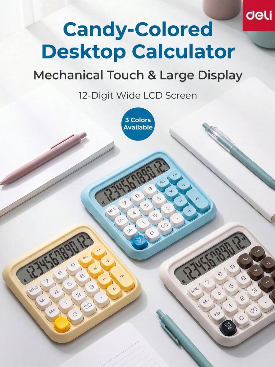 DELI TE36 Desktop Calculator: Comfortable Key Design, Clear 12-Digit LCD Widescreen Display, Stable And Non-Slip Base, Long Battery Life. Ideal For Finance And Accounting Offices. - Multicolor - View 1