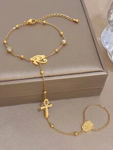Boho Vintage Ancient Egyptian Eye Of Horus Ankh Zirconia Bead Stainless Steel Hand Chain Bracelet For Women,Gold Jewelry,Party,Daily,Christmas/Halloween - Multicolor - View 1