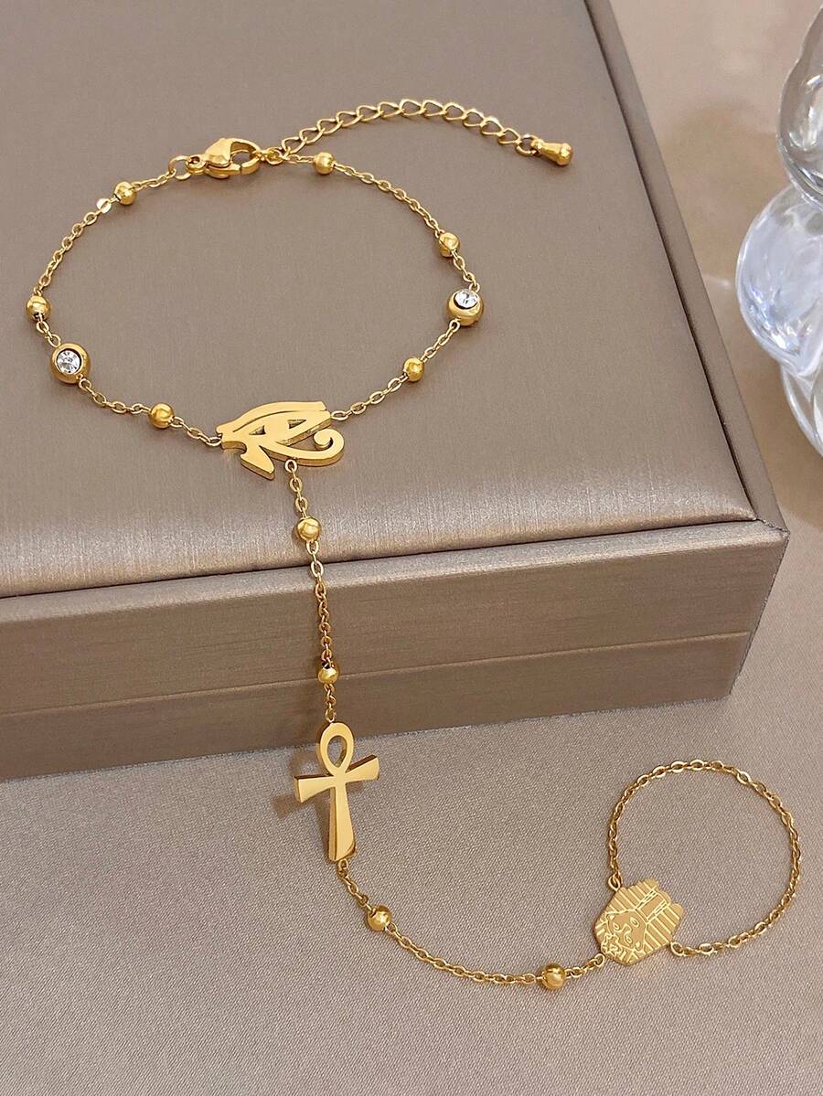 Boho Vintage Ancient Egyptian Eye Of Horus Ankh Zirconia Bead Stainless Steel Hand Chain Bracelet For Women,Gold Jewelry,Party,Daily,Christmas/Halloween - Multicolor - View 1