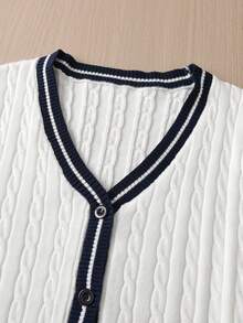 Boys White V-Neck Long Sleeve Knitted Cardigan With 3D Cable Knit And Contrast Stripe, Preppy Casual Versatile Sweater Jacket For School Daily Wear, Spring/Autumn/Winter - White - View 4