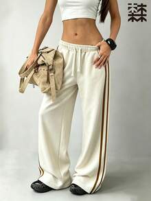 mulinsen Women's Sports Pants With Elastic Drawstring Design, Ice Silk Striped Color Block Straight Leg Pants - Khaki - View 7