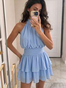 Elegant Fashionable Blue Halter Neck Backless Layered Ruffle Mini Dress - Wedding Party Fall - Baby Blue - View 4