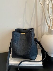 Black Litchi Texture Bucket Bag, Large Capacity Shoulder Crossbody Bag, Minimalist Commuter Versatile Women's Handbag - Black - View 4