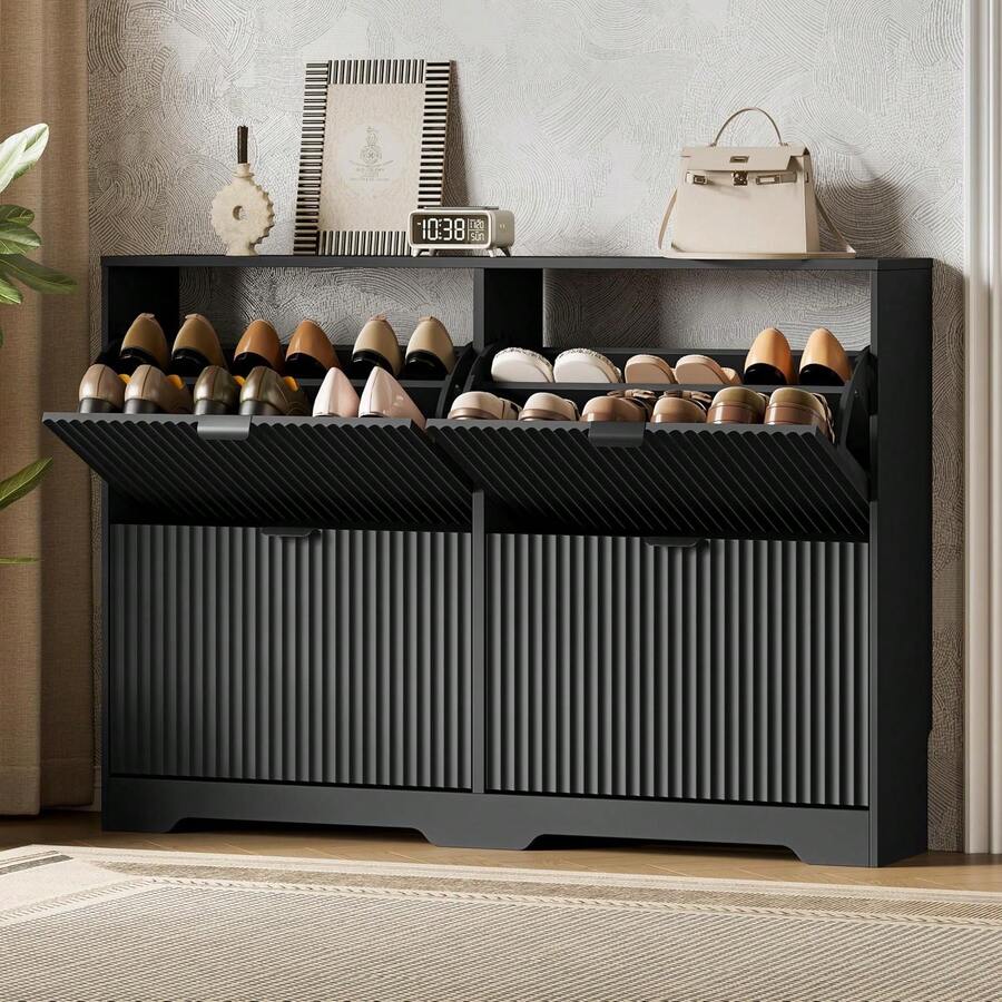 Shoe Storage Cabinet For Entryway With 4 Flip Drawers, Hidden Slim Wood Shoe Organizer With Modern Fluted Panel, Freestanding Narrow Shoe Rack For Front Door Entrance, Hallway, Foyer, Black - View 1