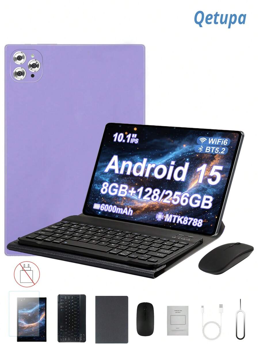 Qetupa 10.1-Inch Tablet With Case, Screen Protector, Keyboard, And Mouse, 8GB RAM + 128/256GB ROM (Supports 1TB Expansion), 1280x800 Touchscreen, 5MP Front Camera And 13MP Rear Camera, 6000mAh Battery (Charger Not Included) - Purple - View 1