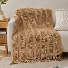 Comfortable Knitted Tassel Throw Blanket - Soft, Lightweight, Ideal For Sofa, Bed And Travel - Beige And Cream Farmhouse Style - Khaki - View 6