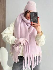 1件女款秋冬新款純色毛茸茸流蘇圍巾，舒適大尺寸披肩，柔軟保暖超大圍巾，適合戶外旅行，簡約百搭日常穿搭，適用於聖誕節及其他節日 - 淺紫色 - 查看 5