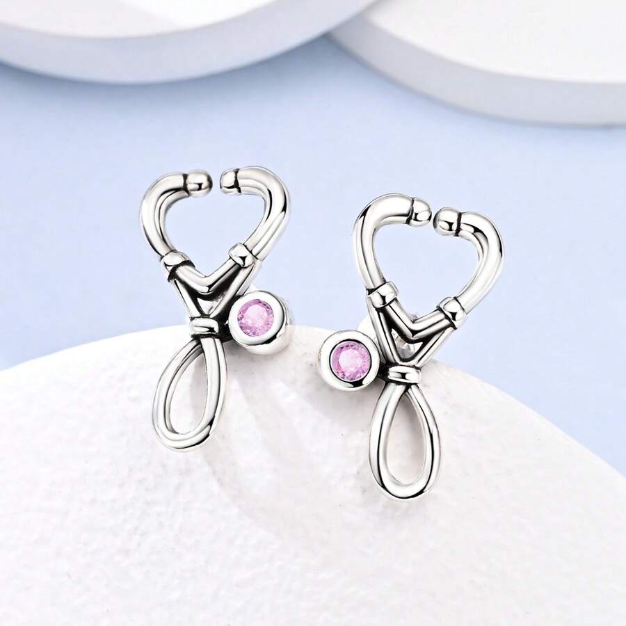 1Pc Silver Color Stethoscope Heart Stud Earrings Pink Zirconia Medical Theme Design Jewelry Gift For Nurse Doctor Lady Gift Accessory Elegant Women