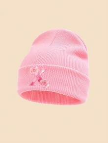1 Peça Gorro de Tricô Rosa Infantil, Estampa Floral de Letras A-Z, Chapéu Quente de Outono/Inverno, Macio e Confortável com Punho Dobrado, Adequado para Uso Diário, Pode Ser Usado como Presente - Rosa chiclete - Visão 14