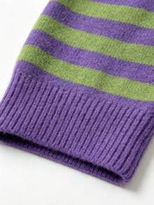 Plus Size Women Casual Striped Cardigan, Long Sleeve Striped Crew Neck Sweater, Autumn/Winter - Purple - View 5