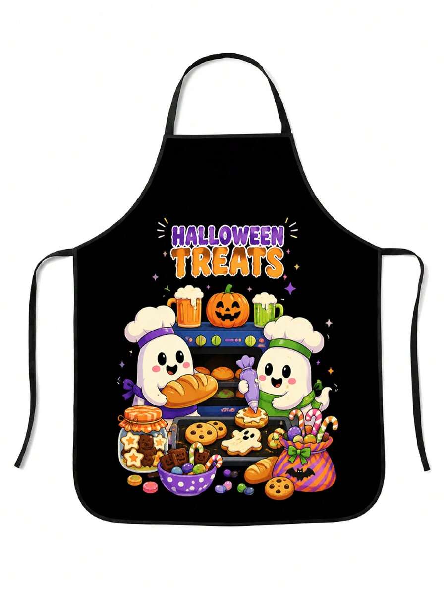 1pc Halloween Baking Theme Apron, 55x68cm Large Size Black Border Kitchen Decor, Printed With Cute Cat And Pumpkin Pattern Autumn Holiday Table Party Accessory, Suitable For Cooking In Autumn And Winter - Multicolor 3 - View 1