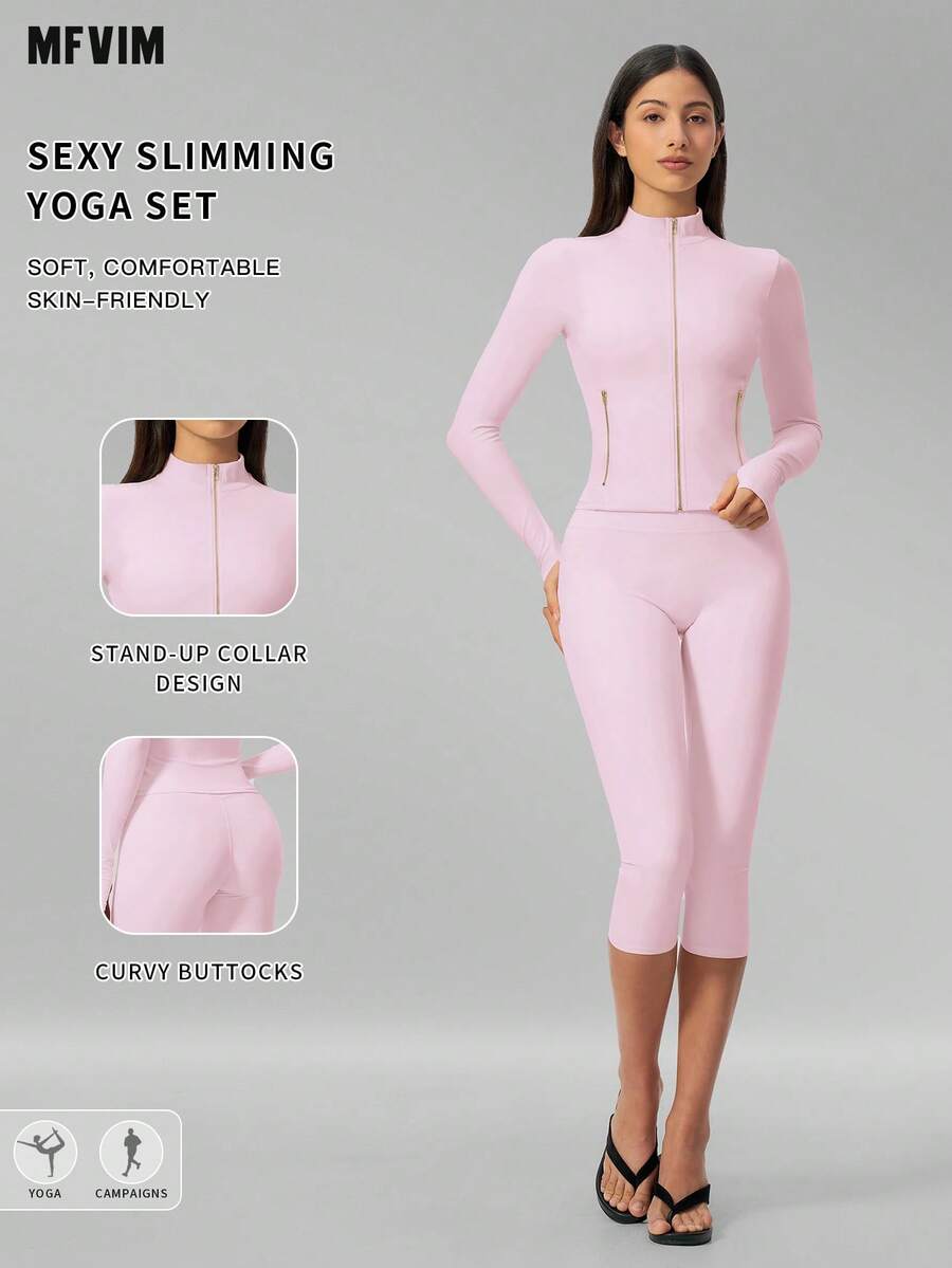 Bộ đồ yoga đa năng nữ MFVIM, áo khoác ôm sát mềm mại thân thiện với làn da + quần legging capri nâng mông thu gọn dáng kiểu quần cưỡi ngựa - Hồng - Xem 1