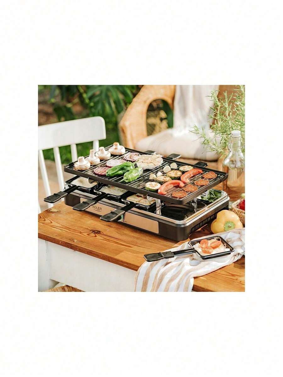 Adler Raclette Grill, Raclette Party Grill, 8-Person Raclette Set - 966cm2 Double-Sided Plate, 8 Mini Pans, Dishwasher , Illuminated Dial, 1400W - EU E Type Plug(220-240V) - View 1