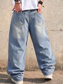 Quần jeans nam ống rộng suông rộng, màu xanh nhạt, in họa tiết tổ ong toàn thân, thiết kế ngách oversized phong cách Y2K hip hop streetwear denim - Rửa nhẹ - Xem 2