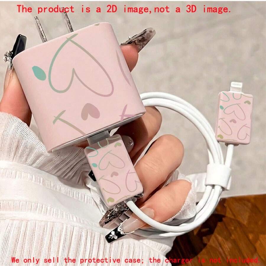 4pcs 2D Flat Design Colorful Heart Pattern Phone Charger Protector Set Pink Charger Protector + Cable Protector + Storage Rope (Protective Case Only. Charger Not Included), Suitable For IPhone 20W/18W Charger - Multicolor - View 1