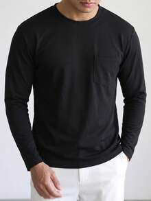 Men's Minimalist Pocket Decor Crew Neck Long Sleeve T-Shirt, Spring/Autumn Basic Solid Color Casual Daily Inner Layer Base Top - Black - View 1