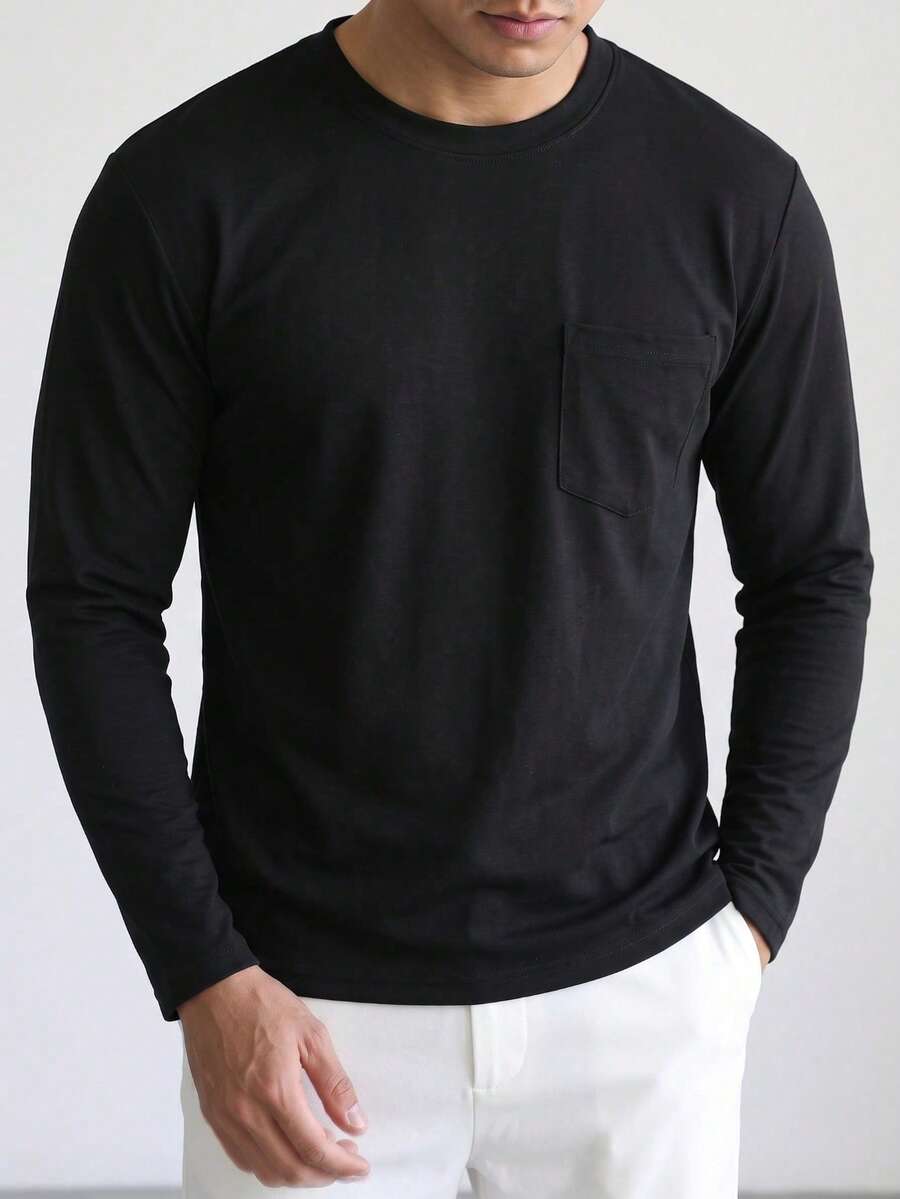 Men's Minimalist Pocket Decor Crew Neck Long Sleeve T-Shirt, Spring/Autumn Basic Solid Color Casual Daily Inner Layer Base Top - Black - View 1