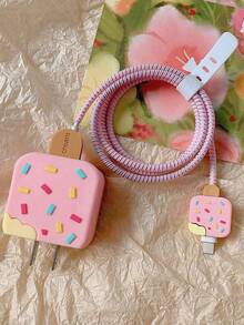 Cute Charger And Data Cable Protector Set, Compatible With Apple 20W Charger, Includes Cable Protector, Cable Organizer And Plug Cover, 4-Piece Charger Protector Set - Pink - View 4