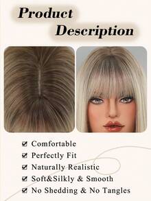 20-Inch Medium-Length Linen Blonde Highlight Wig Mixed Brown Synthetic Straight Wig With Bangs Dark Roots, High Density Heat-Resistant Fiber Natural Fluffy Wigs For Women Daily Party Wear, Seasons Use - 亞麻金 - 查看 6