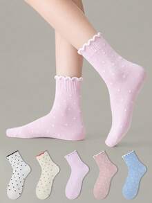 ZUJO 5 Pairs Women's Cherry Color Mid-Calf Socks, Polka Dot Pattern, Suitable For Daily Wear, Simple And Comfortable, Random Color - Multicolor - View 4