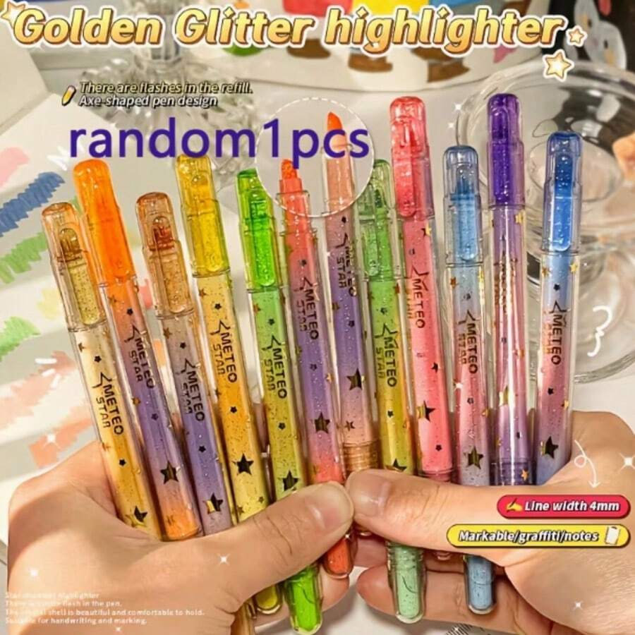 Gold Glitter Gradient Highlighter Set, Glitter Starry Colorful Marker Pens, Axe-Shaped Wide Tip, Stationery For Journaling, Doodling, Student Highlighting - Multiple Styles - View 1