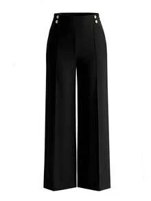 Women's Fashion Vintage Button Pocket Straight Leg Pants, Business Office - Black - View 8