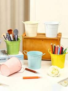 1pc Dual‑Handle Bucket‑Shaped Desktop Pen Holder, Dopamine Color Multi‑Purpose Mini Succulent Plant Pot, Neutral Modern Decor Storage Organizer, For Home Office Dorm Study, Back To School Daily Desk Supplies - Multicolor - View 9