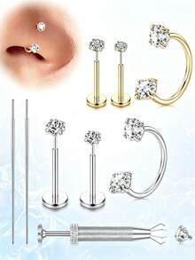 AVYRING 5Pcs Horseshoe Nose Ring 20g Flat Back Nose Studs Gold Silver Hypoallergenic Earrings For Tragus Helix Cartilage Lip Septum Piercing Jewelry - Multicolor - View 1