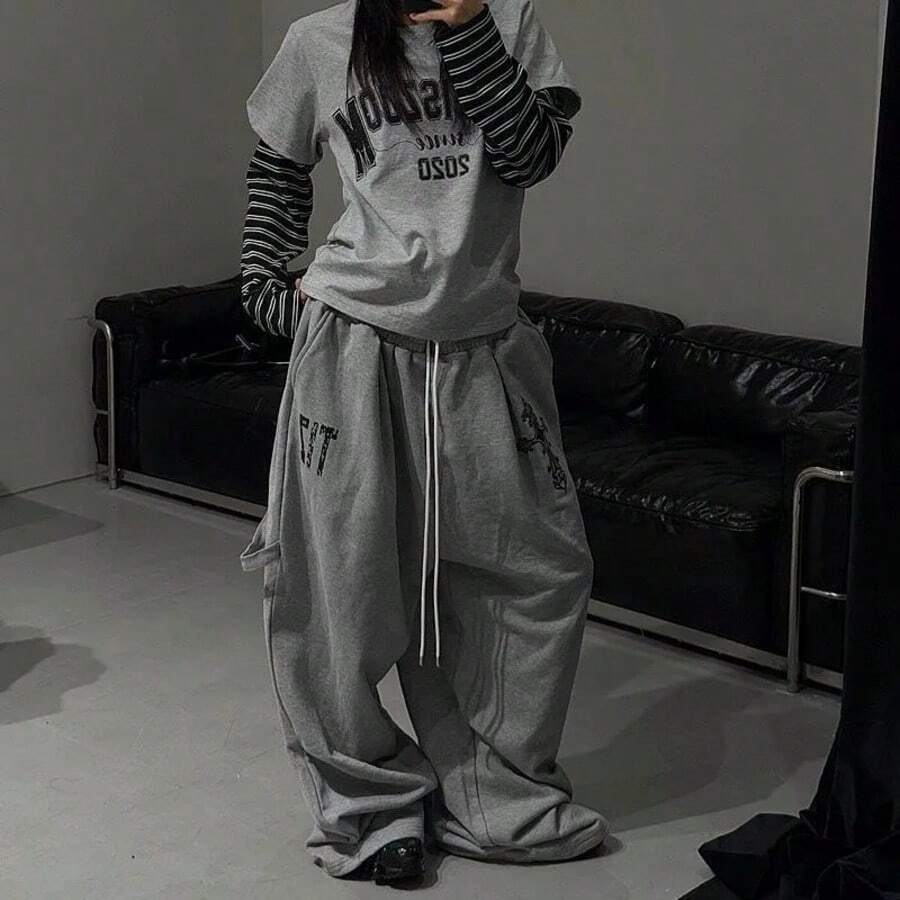 Women'S Casual Jeans With Camouflage Print, Featuring An Elastic Waist And Straight Cropped Design,Fall Pants Pants,Pants Pajama Pants Summer Pants - 灰色 - 查看 1
