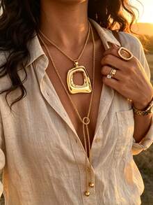 1pc Vintage Elegant Casual Women's Metal Asymmetrical Geometric Pendant Gold Long Necklace, Perfect For Vacation, Date, Daily Wear And Gift - Gold - View 2