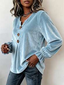 Plus Size Women's Solid Color Button Front Casual Vacation Long Sleeve Top, Autumn/Winter - Baby Blue - View 2