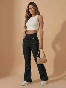 pthirillo Women's Black Flare Jeans With Rhinestones, High Waist, Butt-Lifting, Premium Shine - 口袋珍珠和斑點珍珠 - 查看 2