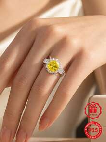 1pc 925 Sterling Silver Synthetic Yellow Zirconia Crown Ring, Perfect For Daily Wear And Valentine's Day Gift, Comes With Gift Box. - Silver - View 4