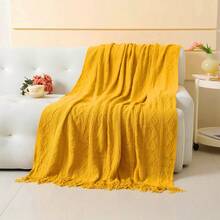 一條波浪紋床毯,北歐風格亞克力矩形流蘇純色沙發披肩床上裝飾毛毯午餐毯針織毛毯 - 豎條菱形黃色 - 查看 6