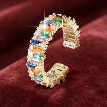 1pc Fashionable Step Cut & Square Shaped Rhinestone Detail Adjustable Open Ring - Gold - View 2