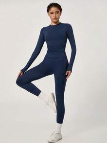 NcmRyu One Set Women's Round Neck Fitted Soft Long Sleeve High Waist Pants Gym Training Running Aerobics Yoga Pilates Workout Set - Blue - View 6