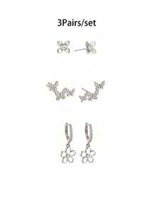 3 Pairs Gold Plated‑Tone White Enamel Flower Huggie Hoop, Snake & Four‑Petal Flower Stud Earring Set Dainty Zirconia Stackable Ear Jewelry For Women - 3Pairs/set - View 7