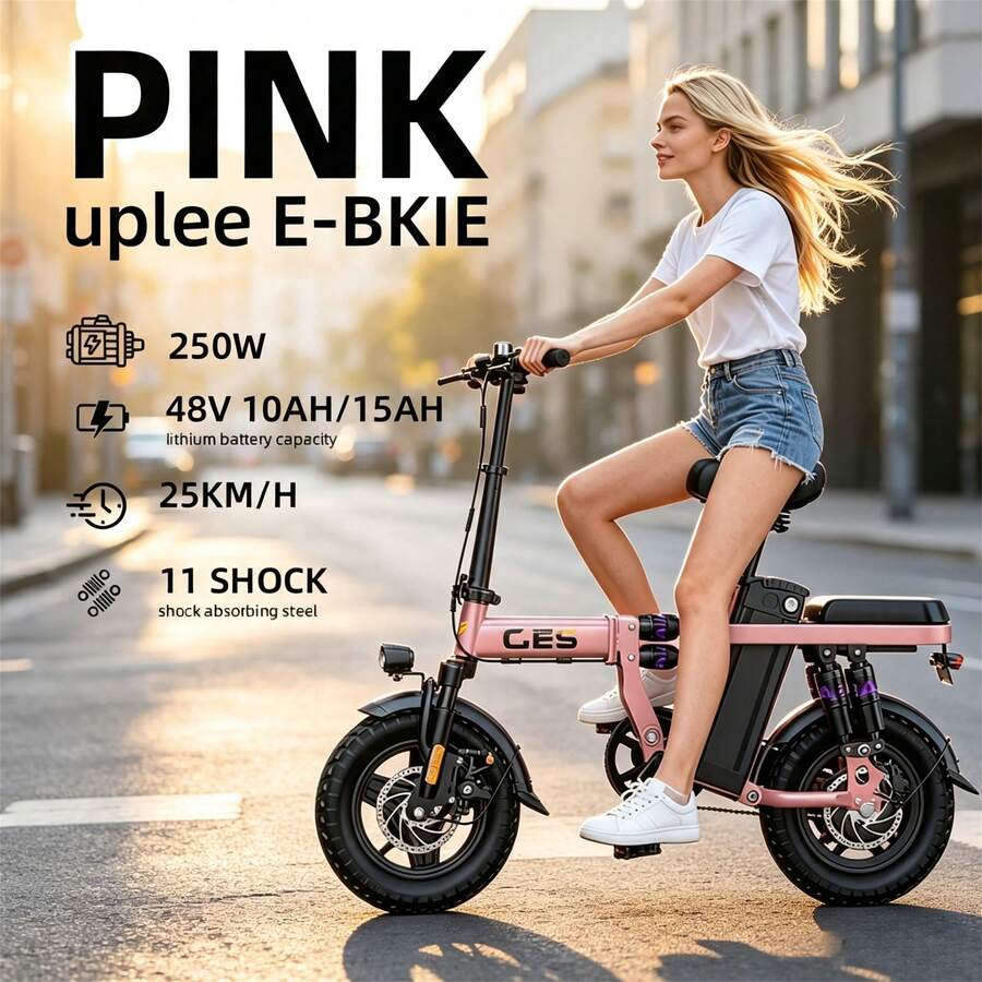 Pink Electric Bike, 250W, 25KM/H, 48V Removable Battery, LED Lights, 11 Shock Absorbers - The Perfect Choice For Commuting, With Dual Disc Brakes And Dual Rear Shock Absorbers - Pink - View 1