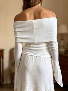 Women's Off The Shoulder Tops Long Flared Sleeve Solid Color Slim Fit Shirt - White - View 5