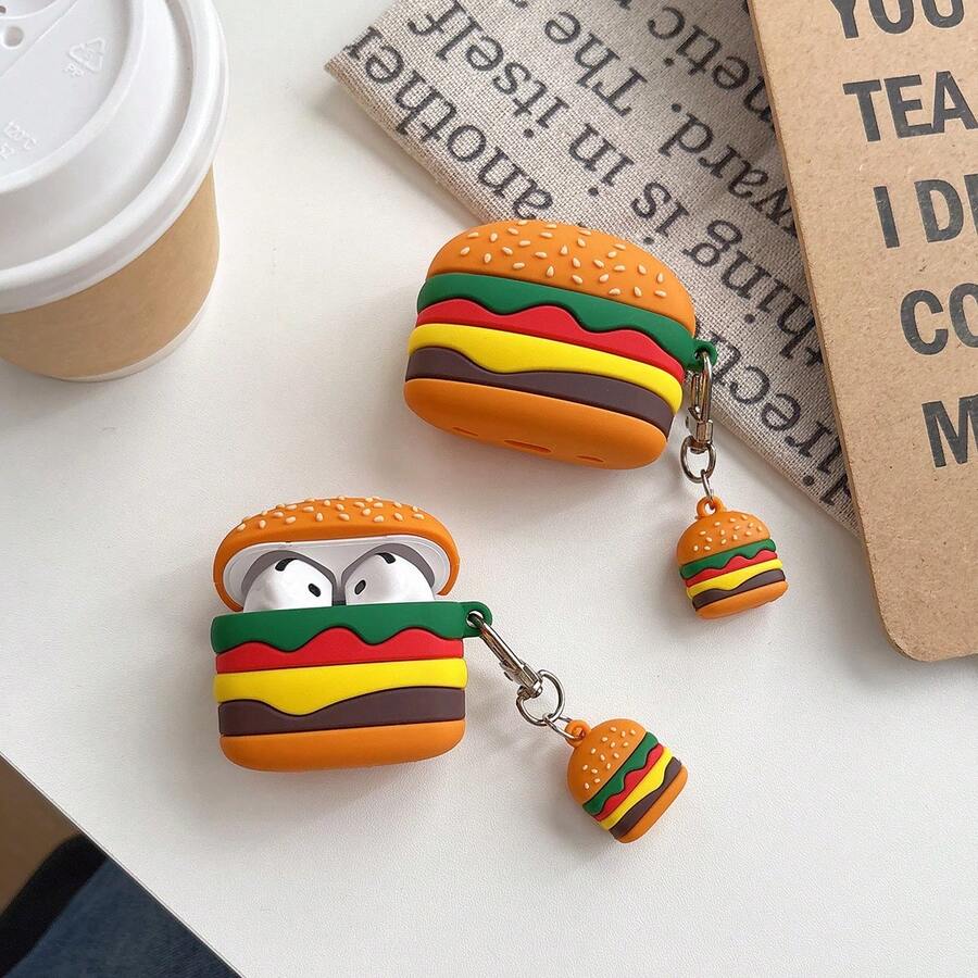 3D Cute Hamburger Silicone Earbud Case Cover, Funny Food Shape Shock‑Resistant Earphone Protective Shell With Mini Burger Keychain Charm - Multicolor - View 1