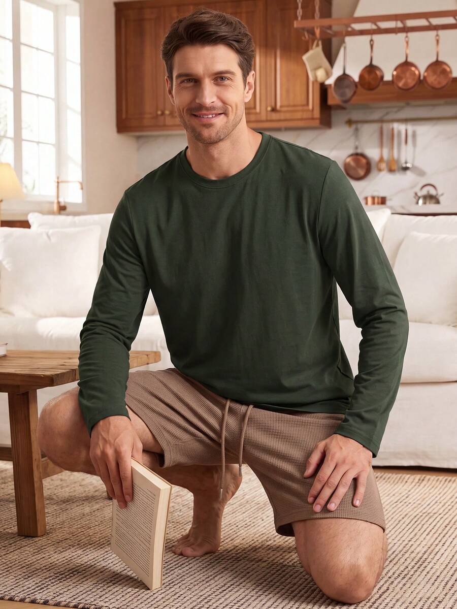 Casual Men's Home Wear Long Sleeve T-Shirt And Shorts 2 Pieces Set, Daily Loungewear Pajama Set - Army Green - View 1