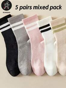 5 Pairs Women's Spring/Summer Sports Style Striped Fashion Personalized Mid-Calf Socks Comfortable Versatile Best Socks - Multicolor - View 6