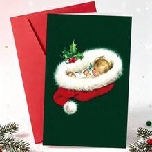 1 Greeting Card + 1 Envelope Adorable Christmas Greeting Card, Sleeping Figure In Hat With Holly Text Season Greetings, Perfect For Friends, Winter Holiday Vintage Style Card. - Yellow Envelope - View 9