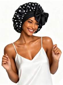 CONFLASS Polka Dot Satin Hair Bonnet With Big Bow, Single‑Layer Elastic Sleep Cap For Women, Curly Hair Protection Hat Back To School - Multicolor - View 8