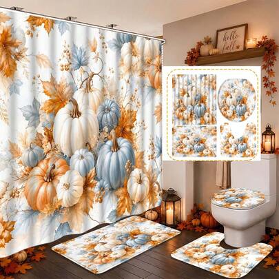 Juego de cortina de ducha de 1/3/4 piezas con calabaza azul y blanca y hoja de arce de otoño, juego de baño de poliéster, incluye ganchos, accesorios de baño, juego de cortina de ducha de baño, alfombra antideslizante de baño, decoración del hogar, decoración de baño, regalo de otoño, regalo de vacaciones