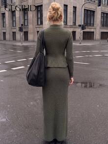 Autumn/Winter New Semi-High Neck Waist-Cinching Ruffle Hem Knit Top + Bodycon Long Skirt Vintage Slimming Two Pieces Set, Convenient Outfit With Fall - Olive Green - View 9
