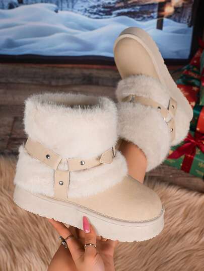 Botas de nieve para mujer de moda versátiles con forro de felpa cálido, suela gruesa, punta redonda, botas de tobillo con piel, uso casual en casa, otoño e invierno